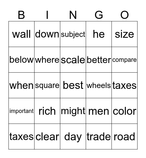 Form 2-5 Word Reading Bingo Card