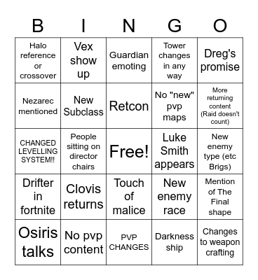 D2 Showcase Bingo Card