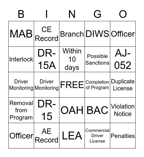 DUI Bingo Card