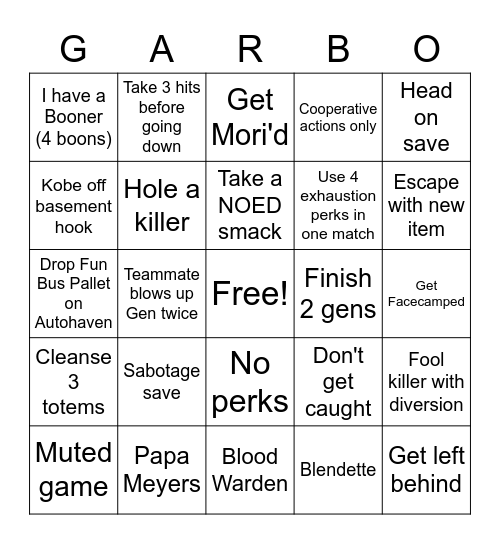 Doof By Daylight Bingo Card