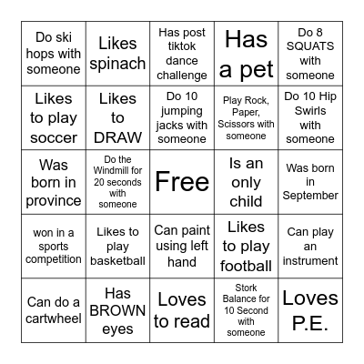 P.E. Cooperative Human Bingo Card