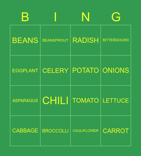 VEGETABLES Bingo Card