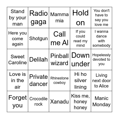 Minnelli's Jukebox Bingo!! Bingo Card