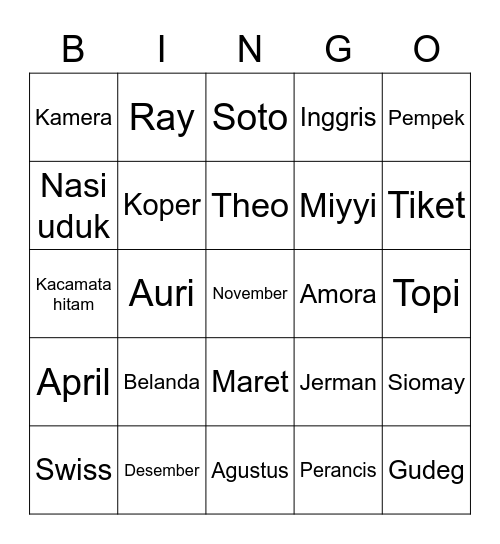 BINGO TOER Bingo Card