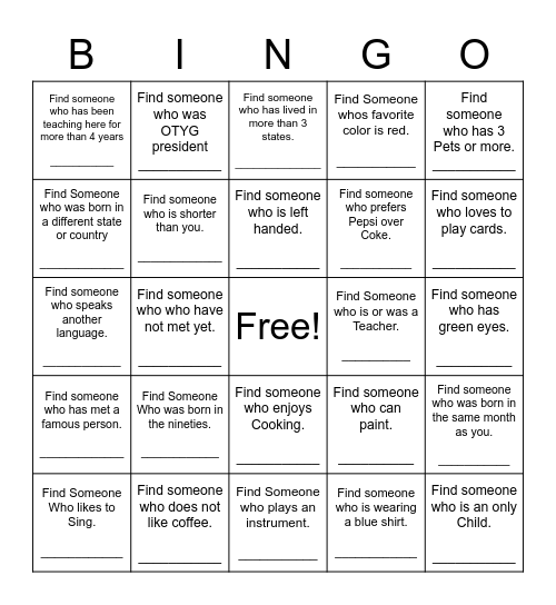 Find Someone Who Bingo Card