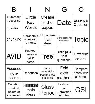 AVID and Cornell Notes Bingo Card