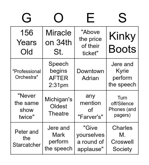 Curtain Speech Bingo Card