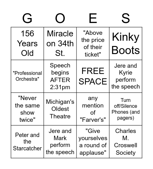 Curtain Speech Bingo Card