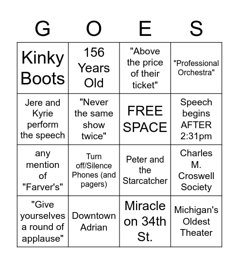 Curtain Speech Bingo Card