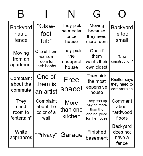 House Hunters Bingo Card