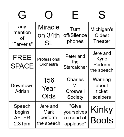 Curtain Speech Bingo Card