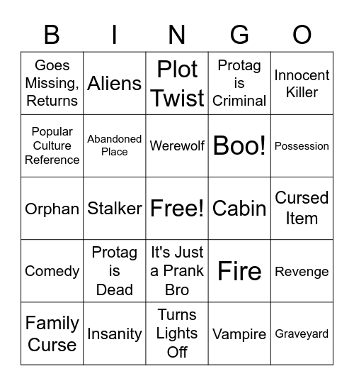 Horror Trope Bingo Card