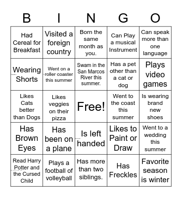 Welcome Back To School Bingo Card