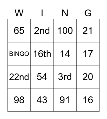 Cardinal and Ordinal Numbers Bingo Card