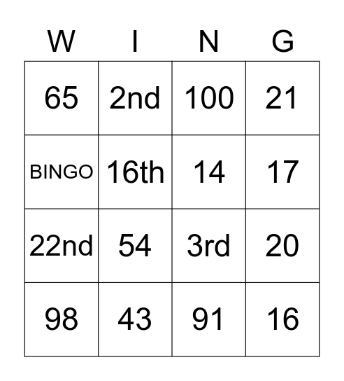 Cardinal and Ordinal Numbers Bingo Card