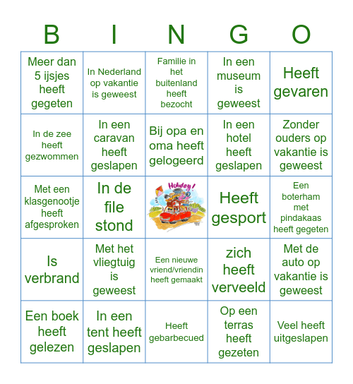 Zoek iemand die in de vakantie Bingo Card