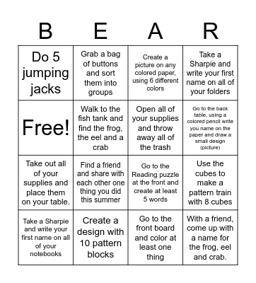 First Day of School Bingo Card