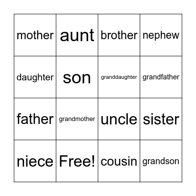 Family Bingo Card