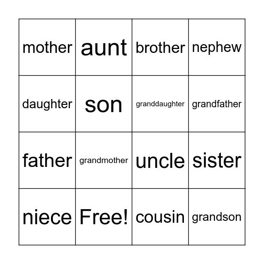 Family Bingo Card