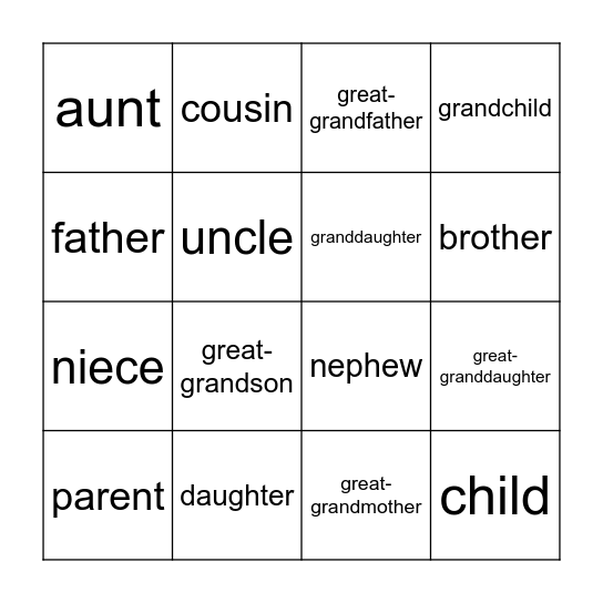 Family Bingo Card