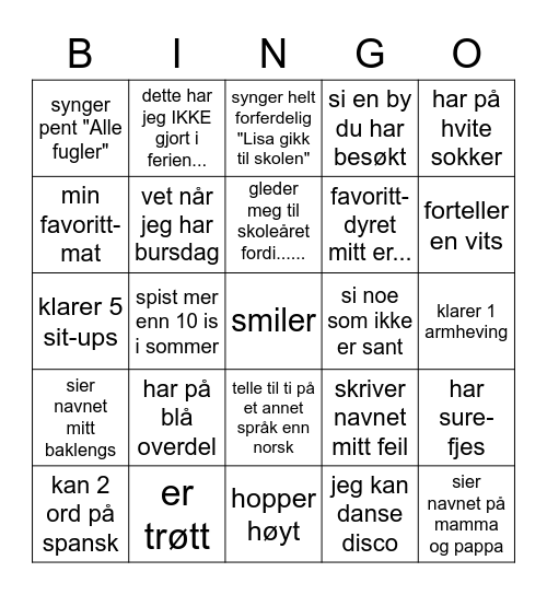 BINGO 6.-7.: MÅ gjøres/fortelles/vises fram Bingo Card
