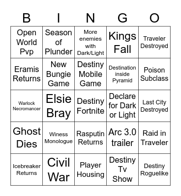 Destiny Predictions Bingo Card