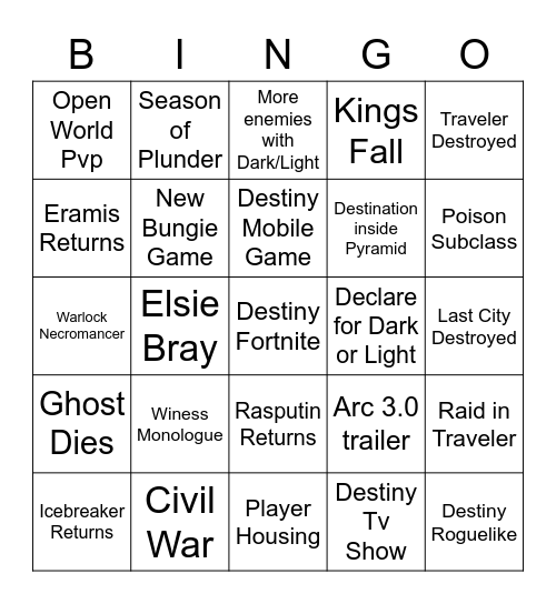 Destiny Predictions Bingo Card