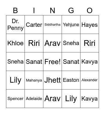 Our 1A Class Bingo Card