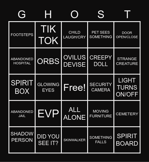 GHOST VIDEO BINGO Card