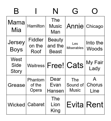 Musical Theater Bingo Card
