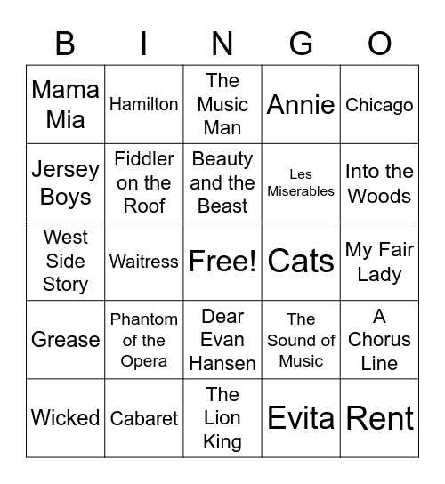 Musical Theater Bingo Card