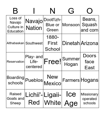 Navajo Bingo Card