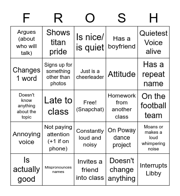 Freshman Bingo Card