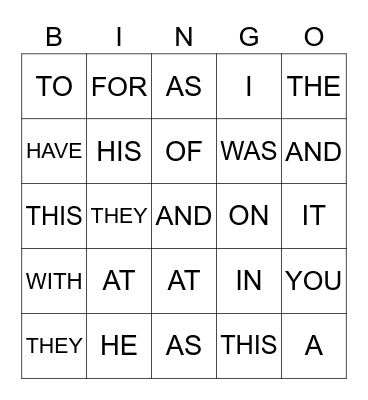 Sight Words Bingo Card