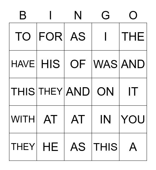 Sight Words Bingo Card