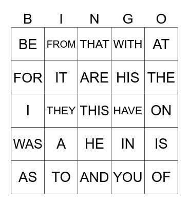 Sight Words Bingo Card