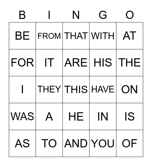 Sight Words Bingo Card