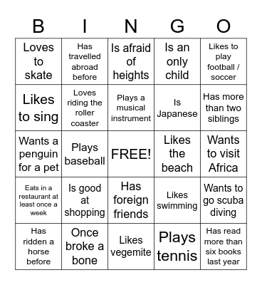 Getting To Know You. Bingo Card