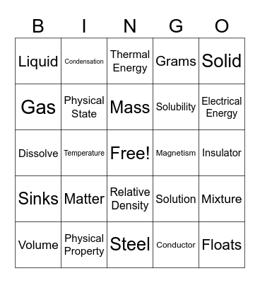 Properties of Matter Bingo Card