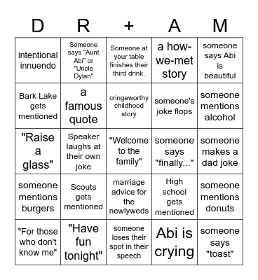 Wedding Speech Bingo Card