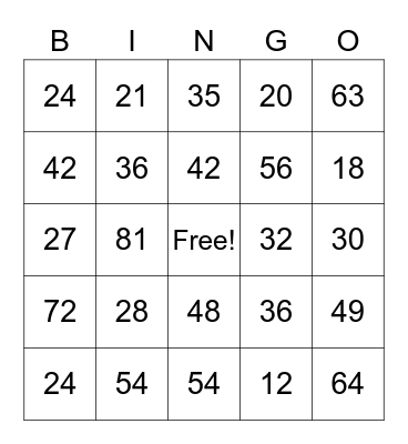 Multiplication Facts Bingo Card