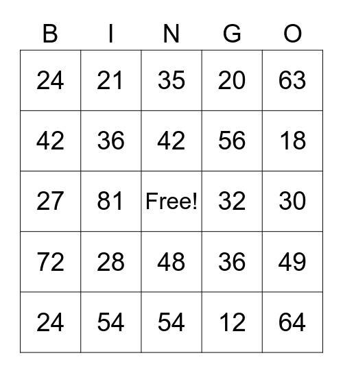 Multiplication Facts Bingo Card