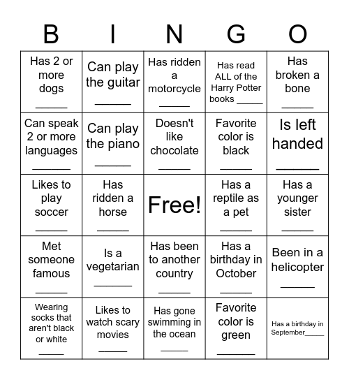 Human Scavenger Hunt Bingo Card