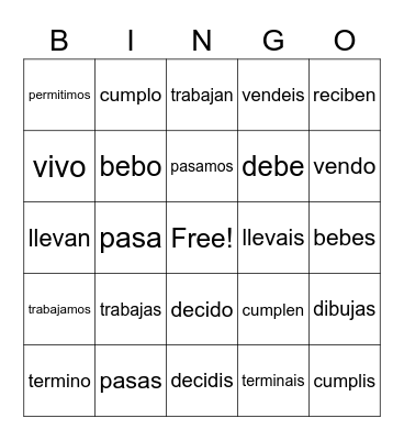 AR, ER,& IR Verbs Bingo Card