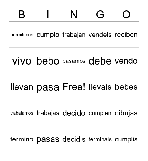 AR, ER,& IR Verbs Bingo Card