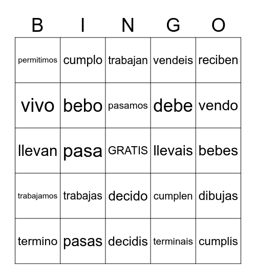 AR, ER,& IR Verbs Bingo Card