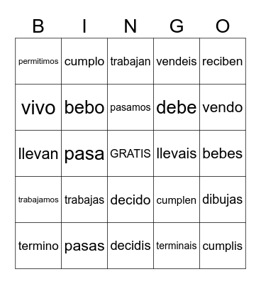 AR, ER,& IR Verbs Bingo Card