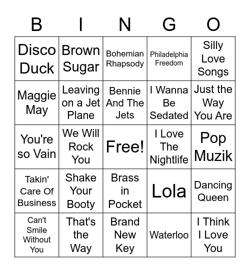 70's Bingo Card