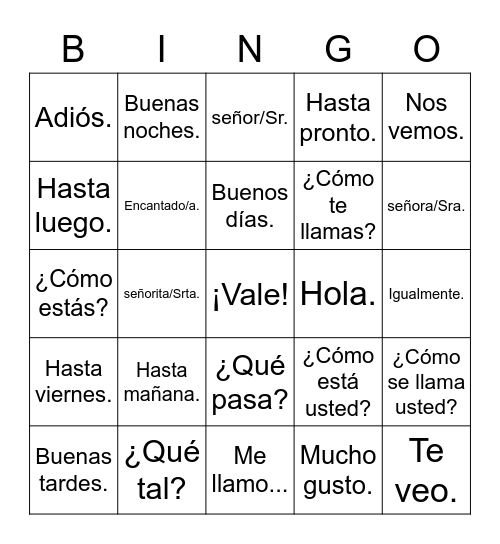 Vocabulario: Para empezar Bingo Card
