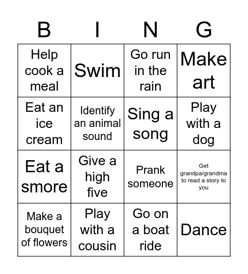Kids' Bingo Challenge Bingo Card